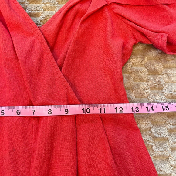 Womens Linen Blend Romper Size S Red Puff Sleeve Romantic Beachy Event Travel - Picture 10 of 11